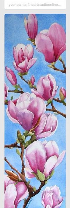 a painting of pink flowers against a blue sky