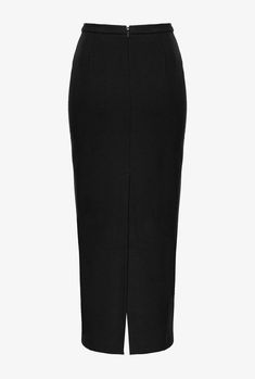 Long straight pencil skirt in stretch viscose technical fabric worked in fabric stitch, characterised by elegant central back slit. Invisible zip fastening at centre back. The main fabric is made with 67% viscose from responsibly managed forests. Business Skirts, Split Side Skirt, Long Straight Skirt, Limo Black, Black Straight Skirt, Long Pencil Skirt, Formal Shirt Dress, Business Skirt, Calf Length Skirts