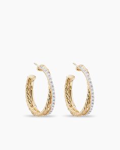 David Yurman | Crossover Hoop Earrings in 18K Yellow Gold with Diamonds, 26.5mm David Yurman Earrings, Fringed Belt, Chain Strap Bag, Yellow Gold Jewelry, Earrings Diamond, Floral Shoes, Diamonds And Gold, Yellow Diamond, High Jewelry