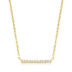 Ross-Simons - .10 ct. t. w. Diamond Bar Necklace in 14kt Yellow Gold. 16". RS Pure. Modern designs that complete your outfit and complement your personality. Layer on the sparkle! Crafted of 14kt yellow gold, .10 ct. t. w. round brilliant-cut diamonds twinkle along the front of a shining bar. Suspends from a cable chain and features a 2" extender. Springring clasp, diamond bar necklace. Diamond birthstones are the perfect gift for April birthdays. Classic Diamond Bar Necklace For Formal Occasions, Classic Bar Necklace With Diamond Accents, Yellow Gold Bar Necklace With Single Cut Diamonds, Everyday Yellow Gold Diamond Bar Necklace, Diamond Bar Necklace, Diamond Birthstone, Gold Sign, Fine Jewelery, Necklace Diamond