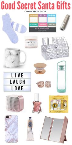 a bunch of items that are on top of a white background with the words, good secret santa gifts