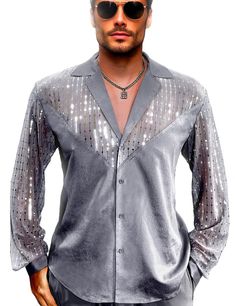 PRICES MAY VARY. Chic look: Unique custom mesh sequined fabric, is slightly transparent, shinny in the light, emitting a mysterious sexy smell. Original details:This suit collar shirt consists of a shiny mesh sequin in a V-shape across the chest and a shiny shirt material，which is very designed. The sequins on the mesh are arranged in vertical bars, which is very thin while shining, and the slim version looks very advanced. Omnipotent matching:You can wear suit pants, slacks, jeans, etc., as you Trendy New Years Eve Outfit, Disco Fits, Halloween Club Party, Disco Christmas, Disco Look, Denim Outfit Men, Sequin Collar, Sequined Fabric, Party Outfit Men