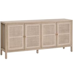 the sideboard with three doors and two drawers is shown in beige color, on an isolated