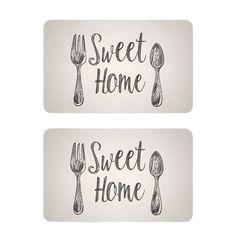 two placemats with spoons and forks on them that say, sweet home