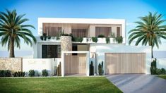 an artist's rendering of a modern house with palm trees in the front yard