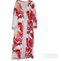 Flowy Stretchable Floral Kimono Duster. Perfect To Wear With Dresses, Shorts, Jeans Or As A Swimsuit Cover-Up Size S (Also Fits Size M) Sleeve 18 1/2" Pit To Pit 21" Length 51 1/2" Material - 89% Polyester, 11% Elastane Brand New Without Tag - Never Worn (Only Tried On) The Best Discounts Are Bundles Of 2 Or More Same Or Next Day Shipping If You Have Any Questions Feel Free To Ask! Multicolor, Floral, Dainty, Elegant, Classy, Chic, Boho Bohemian, Abstract, Casual, Summer, Travel, Vacation, Beach Fitted Red Summer Kimono, White V-neck Kimono For Daywear, White V-neck Kimono For Day Out, Casual Red V-neck Kimono, Casual White Floral Print Kimono, Red Long Sleeve Kimono For Spring, Fitted Red Kimono For Spring, Red Floral Print Long Sleeve Kimono, Red Long Sleeve Kimono With Floral Print