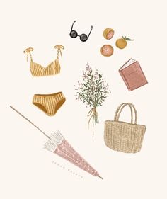 various items are arranged in the shape of a woman's bathing suit and purse