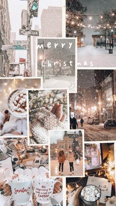 a collage of christmas photos with people walking around in the snow and holding coffee mugs