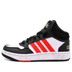 (GS) adidas Hoops Mid 'Black White Vivid Red' HR0227 (SNKR/Cozy/Skate/Mid Top/Non-Slip) Non-slip High-top Basketball Shoes For Streetwear, Sporty Non-slip Sneakers For Skateboarding, Mid-top Non-slip Basketball Shoes For Streetwear, Black Skate Shoes With Three Stripes, Casual Red Adidas Basketball Shoes, Red Adidas Training Sneakers, Red Adidas Sneakers For Training, Red Adidas Basketball Shoes For Streetwear, Adidas Synthetic Skate Shoes For Sports