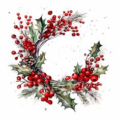 a watercolor painting of holly wreath with red berries and pine cones