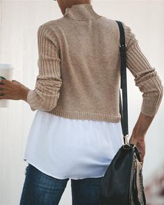 Half Sweater T-shirt Look – Fashionsarah.com Trendy Stretch Sweater For Layering, Beige Long Sleeve Turtleneck, Long Sleeve Stretch Sweater For Layering, Stretch Long Sleeve Sweater For Layering, Comfortable Long Sleeve Sweater For Layering, Trendy Turtleneck For Fall Layering, Trendy Turtleneck For Layering With Crew Neck, Spring Turtleneck With Ribbed Cuffs And Long Sleeves, Casual Knit Long Sleeve Turtleneck