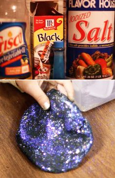 two pictures side by side, one with blue glitter and the other has food in it