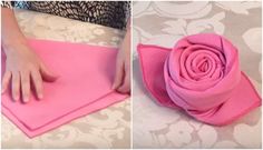 two pictures show how to make a flower out of fabric and then fold it into a napkin