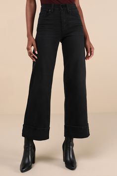 You'll dominate chic street style when you pair your 'fit with the Just Black Palazzo Washed Black Denim Cuffed High-Rise Wide-Leg Jeans! Slightly stretchy, washed black denim shapes these must-have jeans with a high-rise fit, belt loops, a five-pocket cut, and a hidden zipper fly with a top button closure. Light whiskering accents the wide pant legs that end at cuffed, full-length hems. Fit: This garment fits true to size. Length: Ankle length. Size 28 Inseam: 29.50 Front Rise: 10.75 Waist: Fit Wide Leg Black Jeans Outfit, Black Wide Leg Jeans Outfit, Wide Leg Black Jeans, Black Wide Leg Jeans, Wide Leg Jeans Outfit, High Waisted Black Jeans, Black Jeans Outfit, High Rise Wide Leg Jeans, Cropped Wide Leg Jeans