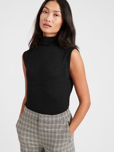 Luxespun Mock-Neck Tank | Banana Republic Turtle Neck Outfit, Womens Business, Turtleneck Outfit, Mock Neck Tank, High Rise Style, High Neck Tank, Denim Shoes, Eco Friendly Fashion, Cozy Knits