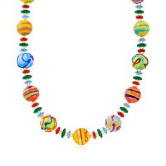 Ross-Simons - Italian Multicolored Murano Glass Bead Necklace, 18kt Yellow Gold Over Sterling. 20". Bursting with bright colors and fun designs, this Murano glass bead necklace is where the party's at! Ranging in size, the multicolored Murano glass beads are spaced by 4-5mm 18kt yellow gold over sterling silver beads. Finishes with an 18kt yellow gold over sterling silver lobster clasp with a 2" extender. Handcrafted in Italy. Murano glass beads are unique and may vary. Multicolored Murano glass Multicolor Single Strand Round Jewelry, Multicolor Round Glass Jewelry, Multicolor Single Strand Glass Jewelry, Multicolor Murano Glass Jewelry, Multicolor Glass Necklaces With Faceted Beads, Vibrant Multicolor Round Jewelry, Multicolor Polished Czech Glass Necklaces, Multicolor Czech Glass Bead Necklaces, Multicolor Single Strand Glass Beaded Necklace