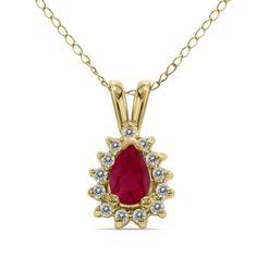 This majestic teardrop ruby necklace with a naturally mined diamond is truly a sight to behold. Nestled in smooth 14K yellow gold, this piece features a hand-selected round diamond that will turn heads no matter the occasion. This simple yet sophisticated pendant rests on a sturdy 18-inch yellow gold chain that is secured by a spring ring clasp. The expert craftsmanship and quality of this natural gemstone and diamonds make this piece a one-of-a-kind creation. This is the piece for you if you ar Yellow Gold Pear-shaped Diamond Necklace With Gemstone, Fine Jewelry Ruby Necklace In Pear Shape, Yellow Gold Teardrop Diamond Necklace With Prong Setting, Yellow Gold Ruby Teardrop Necklace, Yellow Gold Teardrop Ruby Necklace, Red Diamond Teardrop Necklace, Teardrop Ruby Jewelry In Yellow Gold, Red Teardrop Diamond Necklace, Teardrop Ruby Necklace In Yellow Gold