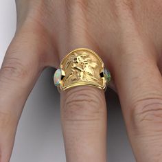 Indulge in luxury with the Love And Psyche Gold Ring. Crafted in ancient style from 14k or 18k solid gold, this Italian-made ring features two natural welo opals that add a touch of elegance and sophistication. Perfect for those with refined taste. 18mm wide on the top, 4,2 mm wide on the bottom side 14k or 18k Gold 0.5 Ct Welo Opal - Dimensions (mm) 7 x 5 x 2,5mm 0.5 Ct Smoked Welo Opal - Dimensions (mm) 7 x 5 x 2,5mm Italian Ring, Neutral Jewelry, Love And, Jeweled Earrings, Italian Jewelry, Ring Pendant Necklace, Welo Opal, Top 4, Engagement Ring Wedding Band