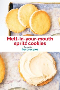 cookies with frosting in the middle on a baking sheet and next to a cookie tin