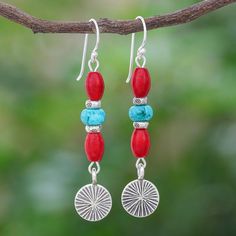 Bright beads make these head-turning earrings designed by Tipa the perfect choice for a breezy getaway. The Thai artisan uses 950 Karen silver to create the earrings engraving the precious metal with a radial motif. Dyed howlite beads and reconstituted turquoise add irresistible color while sterling silver hooks provide the finishing touch. Red Beaded Earrings, Beaded Jewelry Earrings, Beach Getaway, Silver Dangle Earrings, Beach Getaways, Precious Metal, Silver Earrings Dangle, How To Make Beads, Designer Earrings