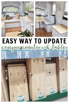 the inside of a camper with text overlay that says easy way to update counter and tables