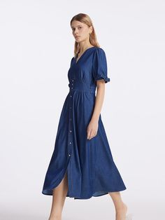 Gathered Waist Denim Women Midi Dress Fitted Denim Blue V-neck Dress, Casual Denim V-neck Dress, Fitted V-neck Denim Dress For Summer, Indigo V-neck Maxi Dress For Spring, Indigo V-neck Summer Dress, Dark Wash Cotton V-neck Denim Dress, Chic V-neck Cotton Denim Dress, Chic V-neck Denim Dress For Spring, Dark Wash Cotton Denim V-neck Dress