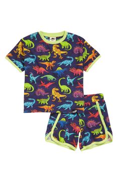 Colorful dinosaurs prowl and growl on a T-shirt and matching shorts made for kids who like to play and relax in the comfort of organic cotton. 95% organic cotton, 5% elastane   Machine wash, dry flat   Imported   OEKO-TEX®–certified materials free of harmful substances Cotton Sets With Dinosaur Print And Short Sleeves, Cotton Dinosaur Print Sets With Short Sleeves, Casual Green Dinosaur Print Sets, Casual Green Sets With Dinosaur Print, Summer Dinosaur Print Playtime Sets, Short Sleeve Dinosaur Print Tops For Playwear, Dinosaur Tshirt, Made For Kids, Dinosaur Kids