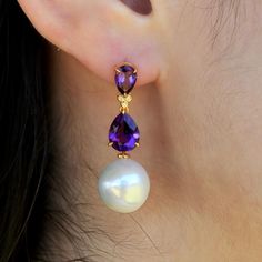 Divina 14K Real Gold Diamond Amethyst Double Purple Gemstones Round Baroque Pearls Convertible Earrings Ear Stud *Metal: 14K Solid Gold ( Au585 stamped, not gold-filled or plated ) *Gemstone:    - Type: Natural Amethyst    - Cut: Pear-Cut   - Color: Purple   - Clarity: Eye-Clean    - Size:  7 x 9 mm, 5 x 7 mm   - Total Carat Weight (CTW): 4.00 *Pearls:   - Type: Round Baroque Pearls   - Size: Approximately 12 - 13 mm *Diamonds:    - Color: G    - Clarity: VS    - Total Carat Weight (CTW): 0.03 * Luxury Amethyst Teardrop Earrings, Elegant Purple Gemstone Pearl Earrings, Elegant Purple Pearl Earrings For Anniversary, Elegant Amethyst Earrings For Formal Occasions, Elegant Amethyst Earrings As A Gift, Elegant Purple Briolette Earrings, Luxury Purple Drop Jewelry, Yellow Gold Teardrop Pearl Earrings With Gemstone, Formal Amethyst Briolette Earrings