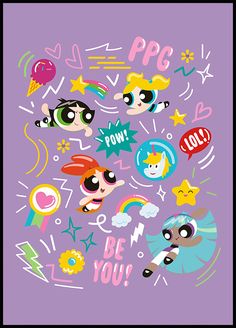 the powerpuff girls poster is shown on a purple background with various cartoon characters