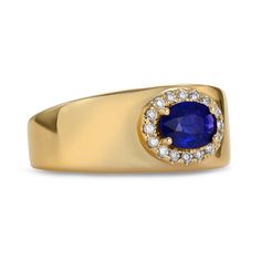 A vivacious royal blue sapphire is traced by a halo of twinkling petite diamonds as it rests securely within four prongs. The unique east west orientation of the center stone gives the ring contemporary flair that is matched with a traditional cigar band design offering a fashionable yet heirloom design. The interior of the wide gold band has been sculpted in a rounded profile for maximum comfort that allows for every day wear. Wear yours solo or stack it alongside daintier bands. Metal: 18kt Go Wide Gold Band, Dainty Band, Band Design, Contemporary Ring, Sapphire Jewelry, East West, Ring Size Guide, Gold Band, Modern Architecture