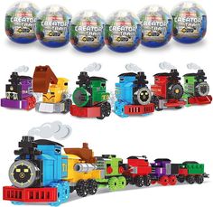 several different toys are shown in the same color and shape, including a train with lots of wheels