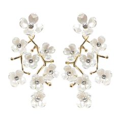 Beautiful white cherry blossom flower earrings with gold accent. Bc Logo, Cherry Blossom Earrings, Cherry Blossom Flower, Pearl Flowers, Blossom Branch, White Cherry Blossom, Gameday Dress, Cherry Blossom Branch, Earrings Hypoallergenic