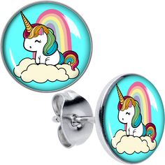 Product Details Hypoallergenic jewelry for sensitive skin.Rainbow Unicorn Stud Earrings If you are one in a million, you will totally love the colorful unicorn on these earrings for pierced lobes. They are made with stainless steel straight posts with friction backs for a secure fit. The front ends each feature a blue disc with a unicorn on it. Not only is the unicorn sitting in front of a rainbow, but it also has rainbow stripes in its mane and tail. Take pride in your uniquely colorful self wi Stainless Steel Earrings Studs, Blue Disc, Colorful Unicorn, Pride Jewellery, Jewelry Promotion, Mane N Tail, Jewelry Picture, Hypoallergenic Jewelry, Steel Post