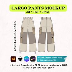 the cargo pants mock up is shown in three different colors