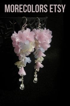 Tender earrings with cute hand made translucent flowers. This is a lovely pastel earrings. Pink yellow anf gray translucent flowers and crystal beads. Long, unique eye catching design of jewelry. Buy this beautiful earrings for yourself or someone special. #morecolots_Etsy #floral_earrings #long_earrings #flowers #light_earrings #weding #romantic #pink_earrings #yellow_earrings #pink_yellow_gray #statement_earrings #pastel_earrings #colorful_earrings Translucent Flowers, Pastel Earrings, Earrings Colorful, Light Earrings, Yellow Earrings, Pasta Flexible, Colorful Earrings, Earrings Pink, Floral Jewellery