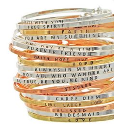 Stackable Bangles Brass Bracelets Message Quotes Minimalist Bracelet Personalized Bracelet Message Engraved Bracelet Message Inspirational Bracelet Handwritten Message Bracelets Clear coated to prevent tarnish Diameter : 2 1/2" Width : 1/8" Brass Lead & Nickel & Cadmium Free Inspirational Stackable Friendship Jewelry, Message Bracelets, Bracelet Message, Newborn Layette, Quotes Minimalist, Bar Keychain, Laser Engraved Leather, Plaid Dog Bandana, Message Bracelet