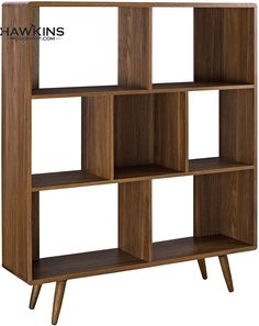 the shelving unit is made out of wood and has four shelves on each side