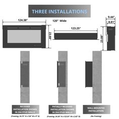 three installations for the wall mounted tv with different sizes and widths to choose from