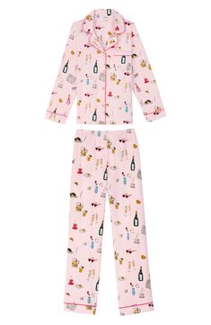 These jersey PJs are illustrated in a fun print that will have you dreaming sweetly in the comfort of your own bed. 27" top length; 31" inseam Top has front button closure; notched collar; long sleeves; chest patch pocket Pants have elastic waist; side-seam pockets 93% organic cotton, 7% elastane Machine wash, tumble dry Imported Women's Clothing Patterned Printed Long Sleeve Sleepwear, Printed Relaxed Fit Sleepwear For Sleepover, Printed Relaxed Fit Sleepwear, Patterned Sleepwear For Pajama Party In Spring, Spring Patterned Sleepwear For Pajama Party, Patterned Spring Sleepwear, Spring Patterned Sleepwear, Pink Printed Sleepwear, Playful Pink Printed Sleepwear