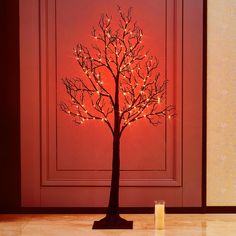 a lighted tree next to a candle on a marble floor in front of a red wall