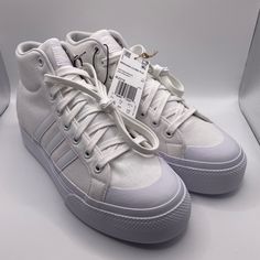 Nwt. Never Worn. Comes In Box. Memory Foam Insoles. Super Cute And Comfy! These Run Slightly Large. If You’re A Size 8.5 These Will Fit Perfectly. Bought On Poshmark A Few Weeks Ago But Had To Purchase A Size 7.5 Instead. Adidas Nizza, Adidas White, White Adidas, Platform Sneakers, Adidas Shoes, Adidas Women, Womens Shoes Sneakers, Memory Foam, Shoes Sneakers