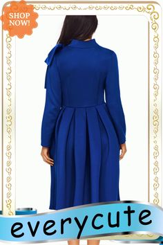 Royal Blue Bowknot Embellished Mock Neck Pocket Dress Blue Solid Color Winter Dress, Blue Long Sleeve Dress With Bow, Blue Solid Color Evening Midi Dress, Blue Pleated Dress For Winter, Blue Pleated Winter Dress, Blue Midi Dress For Winter Evenings, Blue A-line Midi Dress For Winter, Pocket Dress, Mock Neck