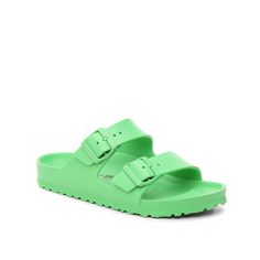 Birkenstock-Arizona Essentials EVA Slide Sandal - Women's The women's Arizona Essentials sandal is right on trend and fits into your warm weather wardrobe thanks to their casual silhouette. These vibrant slides from Birkenstock feature a flexible EVA material and a waterproof finish for easy care. Green Flat Sandals With Buckle Closure, Green Synthetic Sandals With Buckle Closure, Green Adjustable Sandals With Buckle Closure, Adjustable Green Sandals With Buckle Closure, Green Footbed Sandals With Buckle Closure For Summer, Green Sandals With Textured Footbed For Vacation, Green Beach Sandals With Buckle Closure, Green Buckle Closure Sandals For Beach, Adjustable Green Slides For Vacation