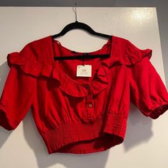 Zara Red Ruffle Crop Top, , Brand New With Tags Never Worn! Chic Red Top With Ruffle Hem, Red Casual Tops With Ruffle Hem, Casual Red Tops With Ruffle Hem, Trendy Red Ruffled Blouse, Trendy Red Top With Ruffles, Chic Red Blouse With Ruffles, Chic Red Ruffled Top, Red Ruffled Blouse For Summer, Zara Lace Top