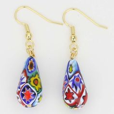 Murano Mosaic Millefiori Drop Earrings - Gold Elegant Multicolor Beaded Earrings, Multicolor Flower Earrings With Colorful Beads, Multicolor Elegant Dangle Earrings, Elegant Multicolor Beaded Dangle Earrings, Elegant Multicolor Dangle Earrings, Colorful Earrings As A Gift, Elegant Multicolor Beaded Earrings For Pierced Ears, Elegant Multicolor Beaded Earrings For Gifts, Artistic Multicolor Dangle Earrings