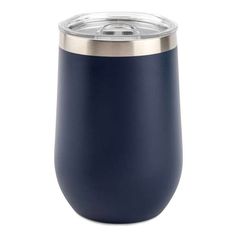 a blue wine tumbler with a silver lid