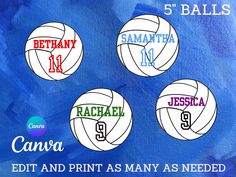 four volleyball balls with the names of each team and numbers in different colors, on a blue background