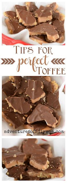 two pictures showing different types of chocolate and peanut butter bars with text overlay that reads tips for perfect toffee