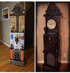 there are two different clocks on the same shelf and one is made out of cardboard boxes