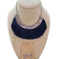 Necklace: 12" Earrings: 1.5" Lead & Nickel Free New, Never Worn. Jazz Up That Wardrobe, Girl! Aztec Jewelry, Matching Jewelry, Fashion Board, Style Board, Blue And Silver, Jewelry Set, Tassels, Silver Tone, Color Blue